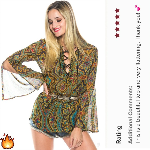 Essue Tops - NWT Essue Boho Navy Mustard Chiffon Top